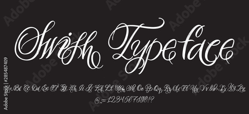 Hand drawn typeface on black background. Painted vector characters: lowercase and uppercase. Typography cursive alphabet for your designs: logo, typeface, card, poster
