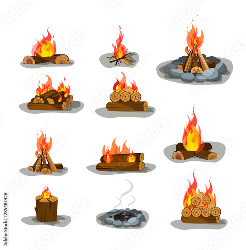 Bonfire vector illustrations set. Burning campfire firewood design elements collection. Isolated flat vector illustration on white background.