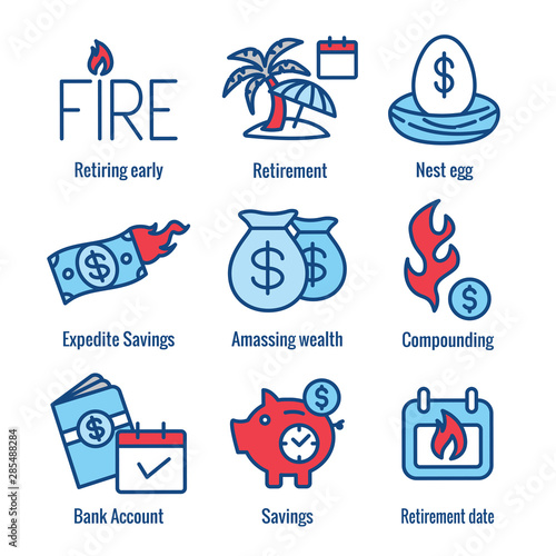 Retirement Savings Icon Set - money bags, nest egg, calendar and more