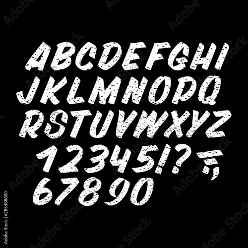 Hand drawn textured typeface on black background. Brush sign painted vector characters: lowercase and uppercase. Typography alphabet for your designs: logo, typeface, card
