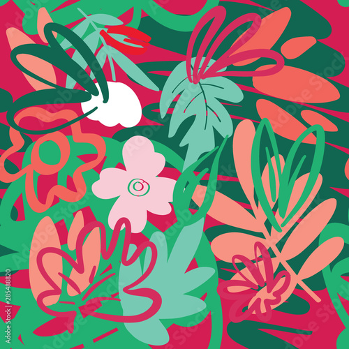 Floral colorful vector seamless pattern with hand drawn leafs  flowers and abstract elements for your design