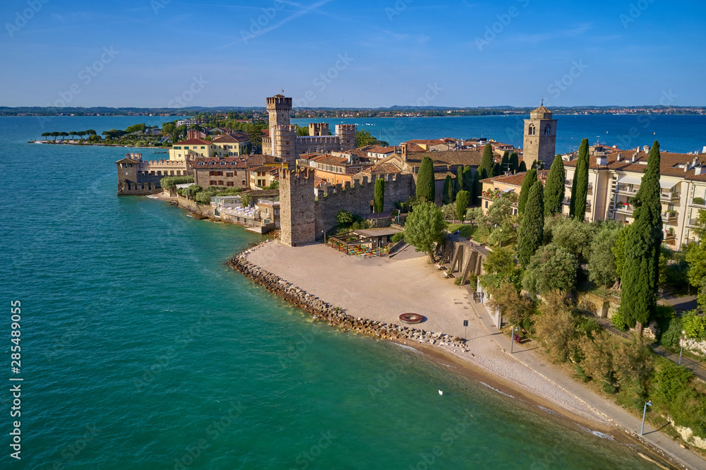 Aerial photography with drone, Scaligero Castle lake Garda, Sirmione del Garda, Italy.