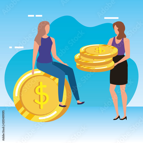 young women with coins dollars characters