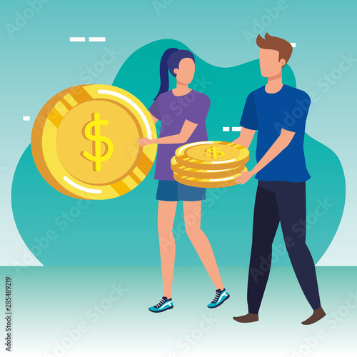young couple with coins money avatars characters