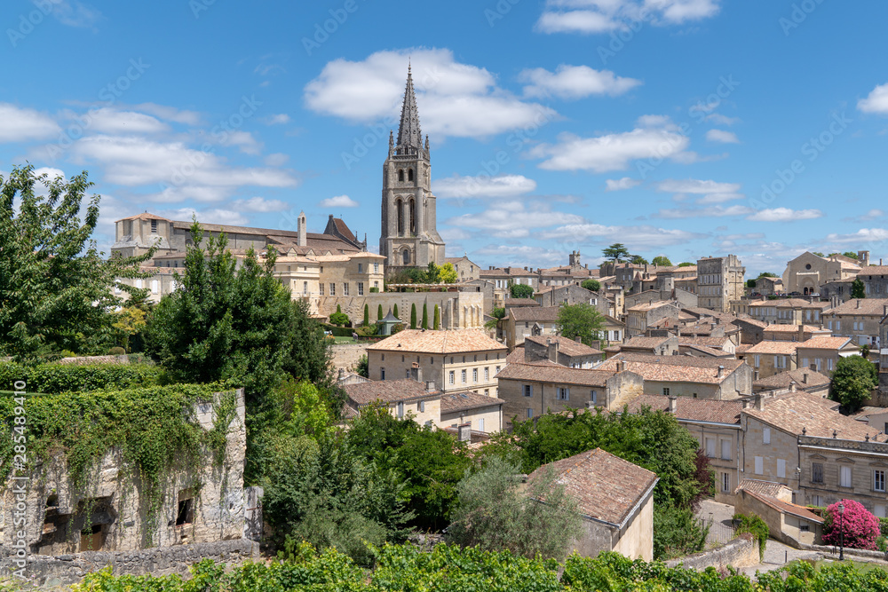 medieval town in Saint Emilion village with church tower in France