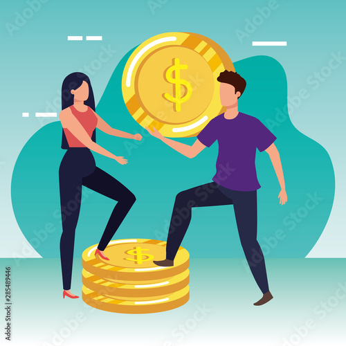 young couple with coins money avatars characters