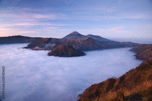 Bromo mountain with fog layer at sunrise, East Java, Indonesia