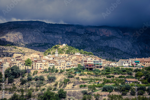A stormy cloudy afternoon in small mountain village Sella, Costa Blanca, Alicante, 2018 Spain