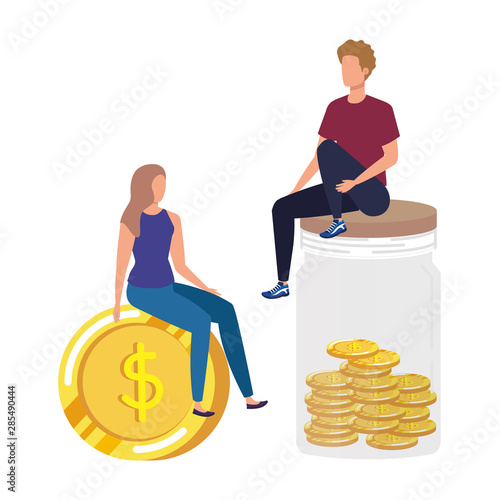 young couple with coins money avatars characters