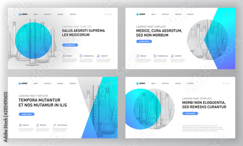 Pharmaceutical landing pages templates set. Medical web page design concept layout for website. Vector illustration. Horizontal brochure cover, web banner, website slide, powerpoint presentation.