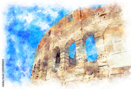 Fotografie Digital illustration in watercolor style of part of the Colosseum, Rome, Italy,