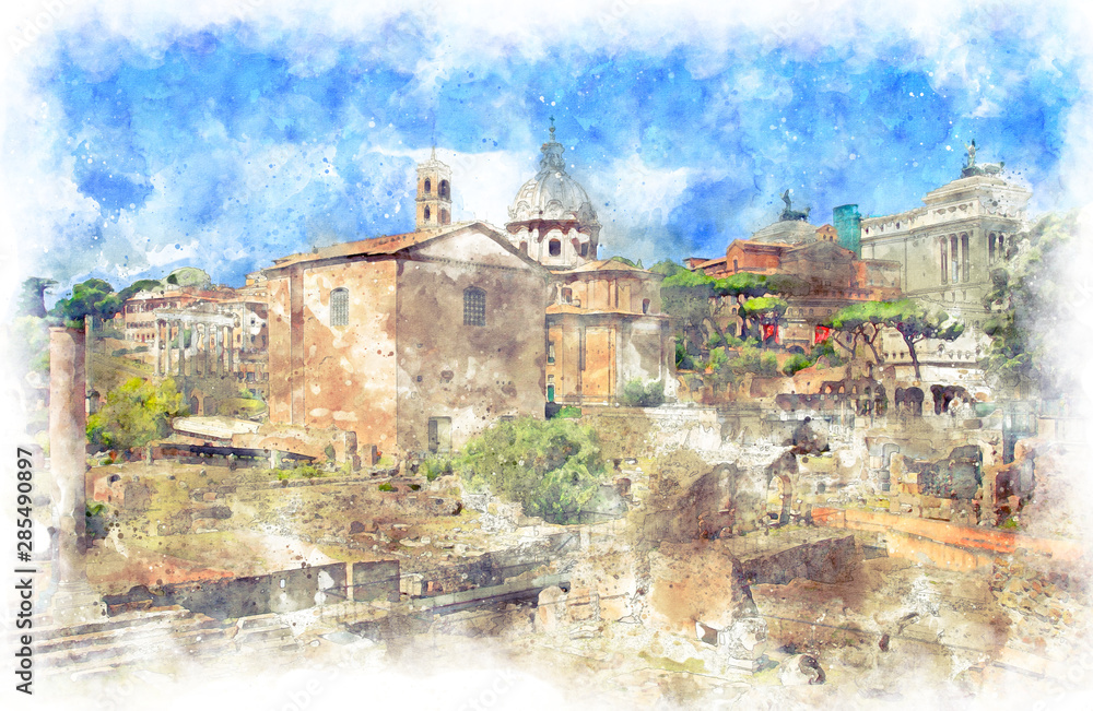 Obraz premium Digital illustration in watercolor style of Mamertine Prison from Via dei Fori Imperiali street, Rome, Italy