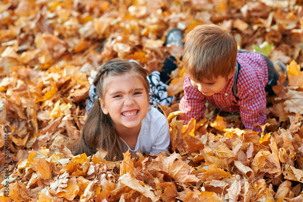 Happy children playing, posing, smiling and having fun in autumn city park. Bright yellow trees and leaves Happy children playing, posing, smiling and having fun in autumn city park. Bright yellow trees and leaves