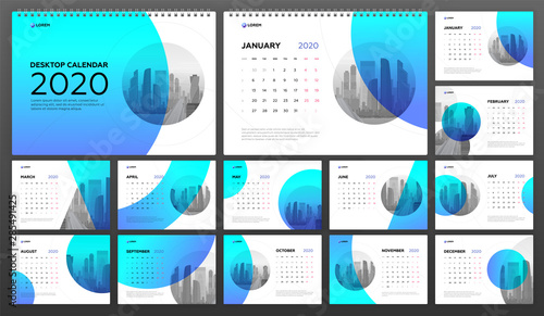 Desk Calendar 2020 template for business. Week starts on Monday. Set of 12 calendar pages designs print layout. Wall calendar planner templates. Powerpoint presentation template.