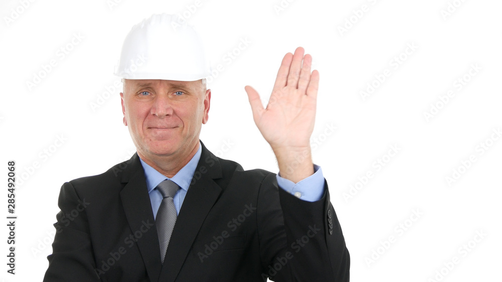 Happy Engineer Image Making Hello Hand Gestures in a Meeting Happy Engineer Image Making Hello Hand Gestures in a Meeting