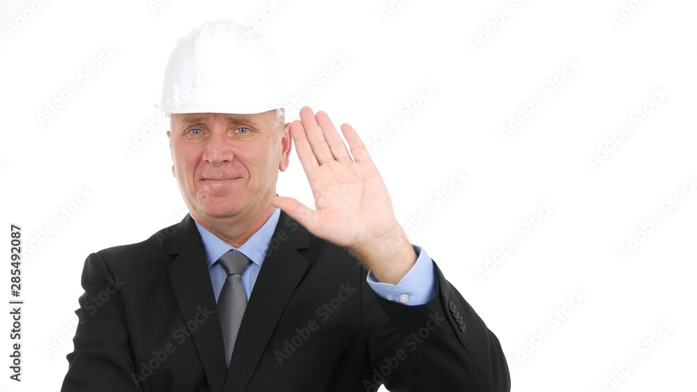 Happy Engineer Image Making Hello Hand Gestures in a Meeting Happy Engineer Image Making Hello Hand Gestures in a Meeting