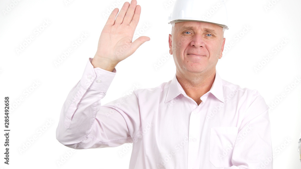 Image with Engineer Smiling and Making a Hello Hand Gestures Image with Engineer Smiling and Making a Hello Hand Gestures