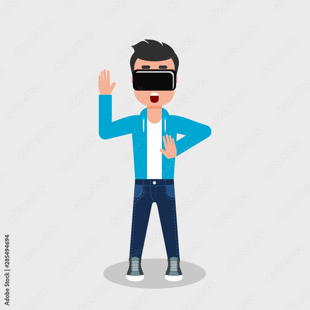 Young man in jeans and sweatshirt is looking through virtual reality glasses looking scared. Boy using augmented reality device. Vector illustration, flat style