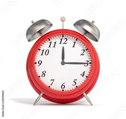 Red alarm clock, white background. 3d rendering