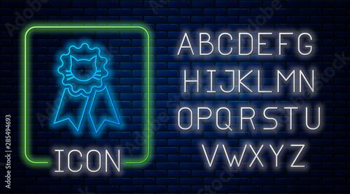 Glowing neon Cat award symbol icon isolated on brick wall background. Medal with cat footprint as pets exhibition winner concept. Neon light alphabet. Vector Illustration