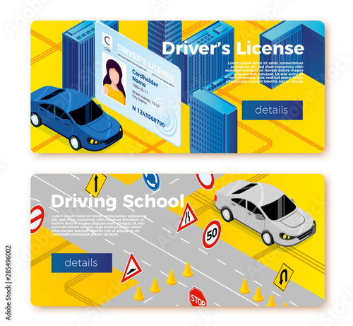 Vector driving school banner templates concept, licence id and car riding on training ground . With place for your text