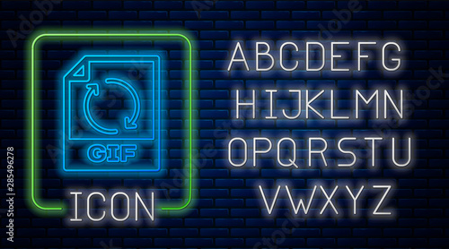 Glowing neon GIF file document. Download gif button icon isolated on brick wall background. GIF file symbol. Neon light alphabet. Vector Illustration