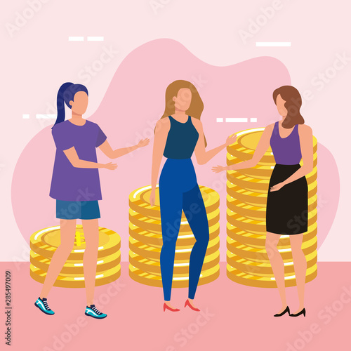 young women with coins dollars characters