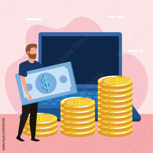 young man with money and laptop