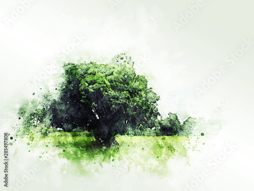 Abstract colorful shape on tree and field landscape watercolor illustration painting background.