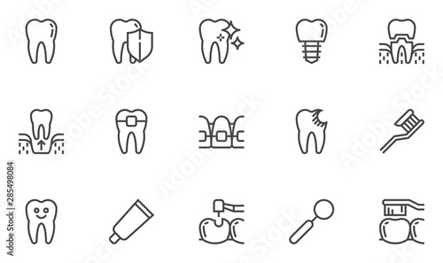 Dental vector line icons set. Oral medicine, caries, implant, veneer, bracket. Editable stroke. 48x48 Pixel Perfect.