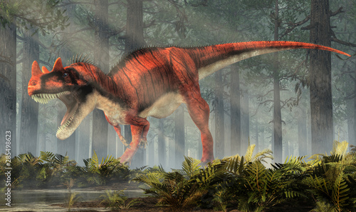 Ceratosaurus was a carnivorous theropod dinosaur of the Jurassic era most notable for the horns on its snout over its eyes. In a prehistoric forest. 3D Rendering. © Daniel Eskridge