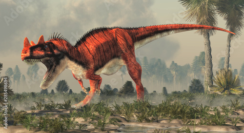 Ceratosaurus was a carnivorous theropod dinosaur of the Jurassic era most notable for the horns on its snout over its eyes. In a prehistoric wetland. 3D Rendering. © Daniel Eskridge