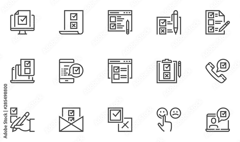 Survey vector line icons set. Rating, checklist, questionnaire results, internet test. 48x48 Pixel Perfect. - obrazy, fototapety, plakaty 