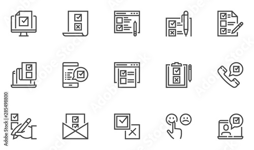 Survey vector line icons set. Rating, checklist, questionnaire results, internet test. 48x48 Pixel Perfect.