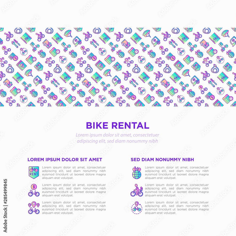Fototapeta premium Bike rental concept with thin line icons: rates, bicycle tours, pet trailer, padlock, helmet, child seat, sharing, deposit, mobile app, cycling route. Modern vector illustration for sport issues.