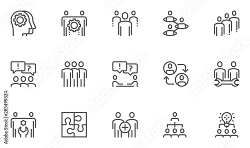 Team work vector line icons set. Cooperation, collaboration, team meeting. Editable stroke. 48x48 Pixel Perfect.