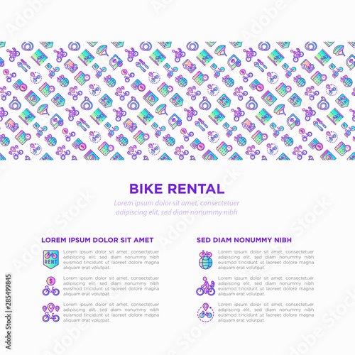 Bike rental concept with thin line icons: rates, bicycle tours, pet trailer, padlock, helmet, child seat, sharing, deposit, mobile app, cycling route. Modern vector illustration for sport issues.