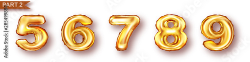 Balloon unique numbers from golden metal foil realistic vector illustration. Gold inflatable symbols or signs for celebrating children birthday or home holiday decor, part 1, isolated on white