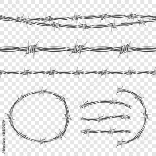 Obraz na plátně Metal steel barbed wire with thorns or spikes realistic seamless vector illustration isolated on transparent background