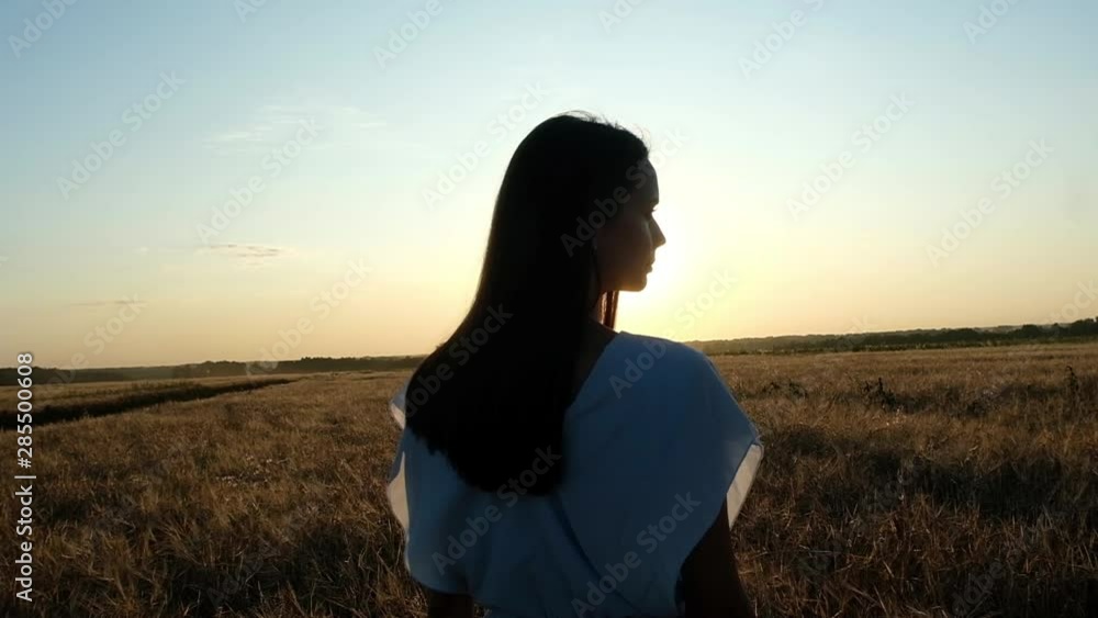 a young slender girl with dark hair and a long blue dress stands in a wheat field. Looking at a fantastic beautiful summer sunset. Natural evening sunset lighting. a young slender girl with dark hair and a long blue dress stands in a wheat field. Looking at a fantastic beautiful summer sunset. Natural evening sunset lighting.