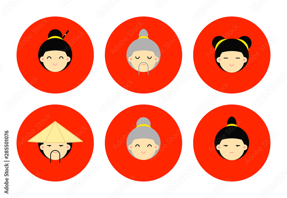 Set of Japanese face icons on red background Set of Japanese face icons on red background