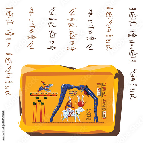 Ancient Egypt clay or stone plate cartoon vector with hieroglyphs and Egyptian culture religious symbols, Ra sits on cow back, over it in form of night sky goddess Nut, Ra leaving for sky legend
