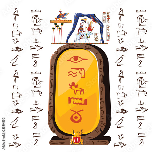 Ancient Egypt clay or stone plate cartoon vector with hieroglyphs and Egyptian culture religious symbols, Ra sits on cow back, over it in form of night sky goddess Nut, Ra leaving for sky legend