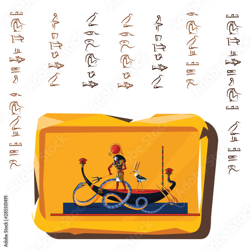 Ancient Egypt clay or stone plate cartoon vector with hieroglyphs and Egyptian culture religious symbols, Ra, sun god at night sails in boat on underground river and fights with chaos god Apophis