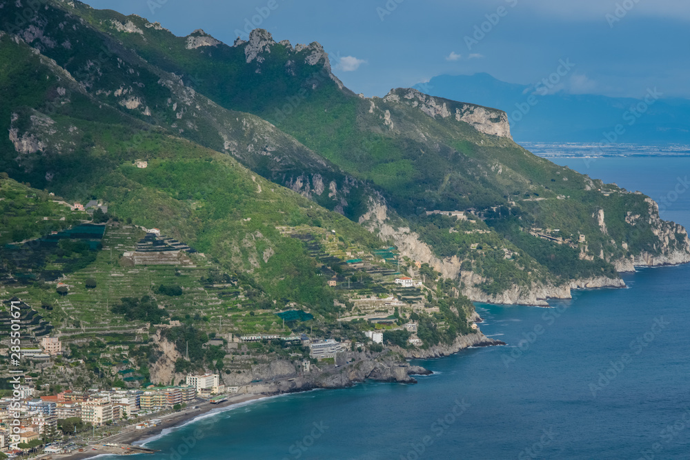 Sea, Beach, and Mountains view from the Garden of Villa Rufolo, historic center of Ravello, Amalfi Coast of Italy