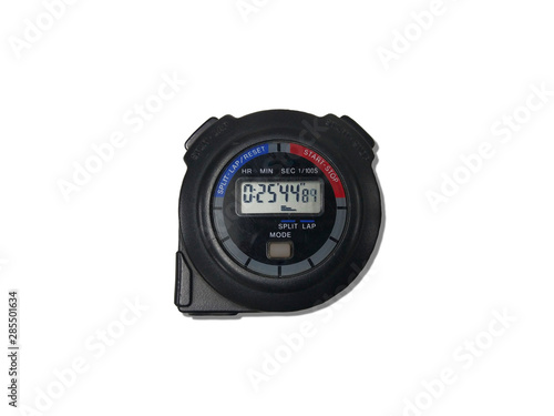 Black color stopwatch isolated on white background, stopwatch is special watch with buttons that start/pause and stop and then zero. It used to time races.