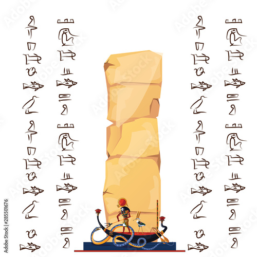 Ancient Egypt papyrus cartoon vector with hieroglyphs and Egyptian culture religious symbols, Ra, sun god at night sails in boat on underground river and fights with chaos god serpent Apophis