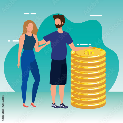 young couple with coins money avatars characters