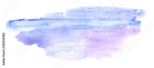 Abstract watercolor background. Hand drawn brush stroke layers and splashes of blue and purple shades isolated on white backdrop. Shapeless stain of paint on paper texture