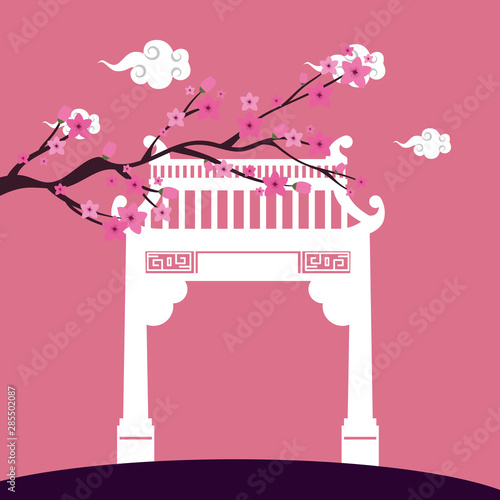 chinese arch and tree plant scene